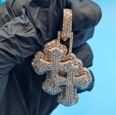4Ct Round Cut Passes Tester Moissanite Double Cross Pendant Two Tone Gold Plated