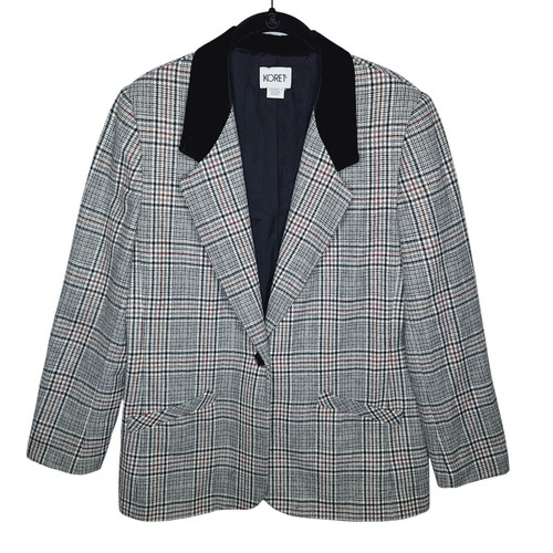 Vintage Koret Houndstooth Plaid Blazer Jacket Womens 10 Academia Velvet Collar