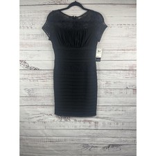 Adrianna Papell Dress Women's 6P Black Lace Pleated Sheath Petite Short Sleeve