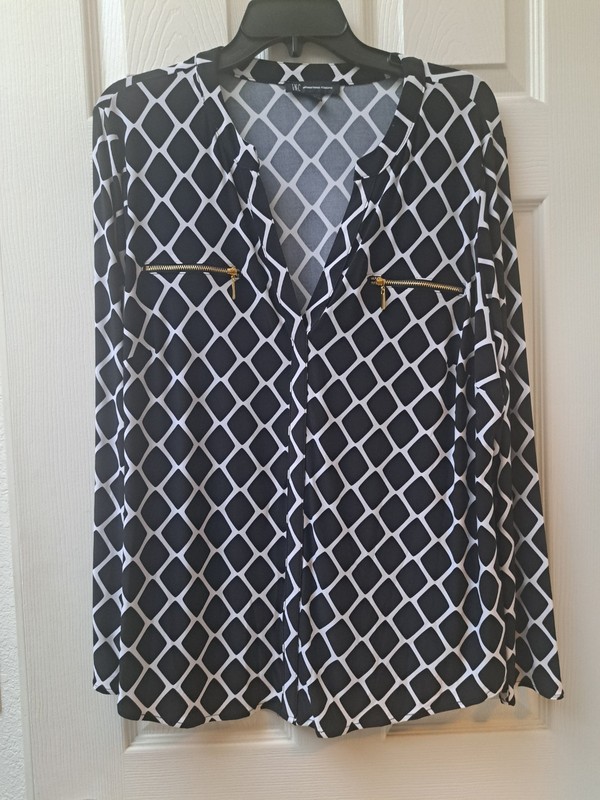 INC Women's Black White Pullover Blouse Long Sleeve Plus Size 1X