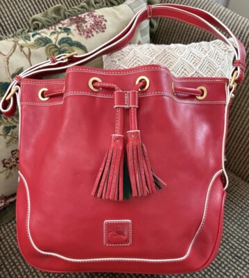 Dooney Bourke Cherry Red Florentine Leather Savannah Bucket Drawstring Hobo Bag