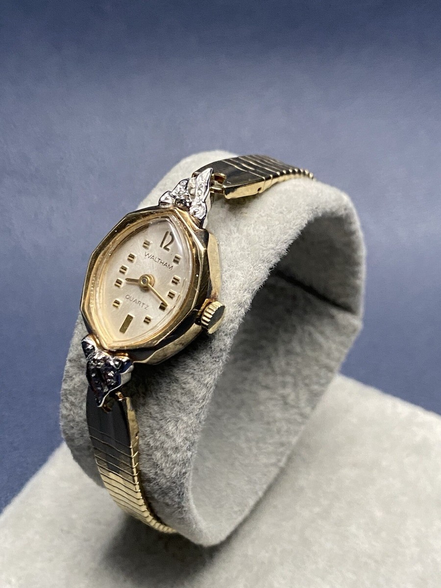 Vintage Waltham Ladies Crystal Gold Tone Analog Quartz Watch