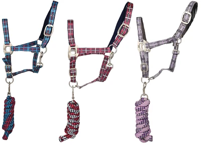 Hy Equestrian Tartan Kopfkragen mit Bleiseil Set gepolstert Komfort Pony/Cob/Full