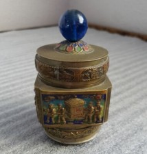 ANTIQUE CHINESE TEA CADDY *CHAMPLEVE ENAMEL on BRASS* BLUE GLASS