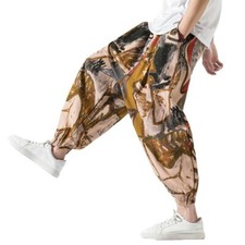 Summer Mens Chinese Style Harem Pants Loose Fit Printed Baggy Trousers Slacks