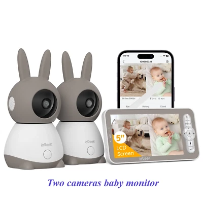 iegeek 2K Smart Video Babyphone, 2 Kameras 5" FHD Bildschirm, 360° PTZ, Telefon APP