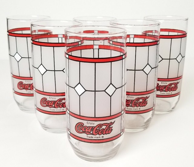 6 Vintage "ENJOY COCACOLA" Frosted Tiffany Stained Glass COKE Glasses