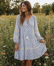 See And Be Seen White Blue Linen Cotton Embroidered Boho Peasant Dress Small