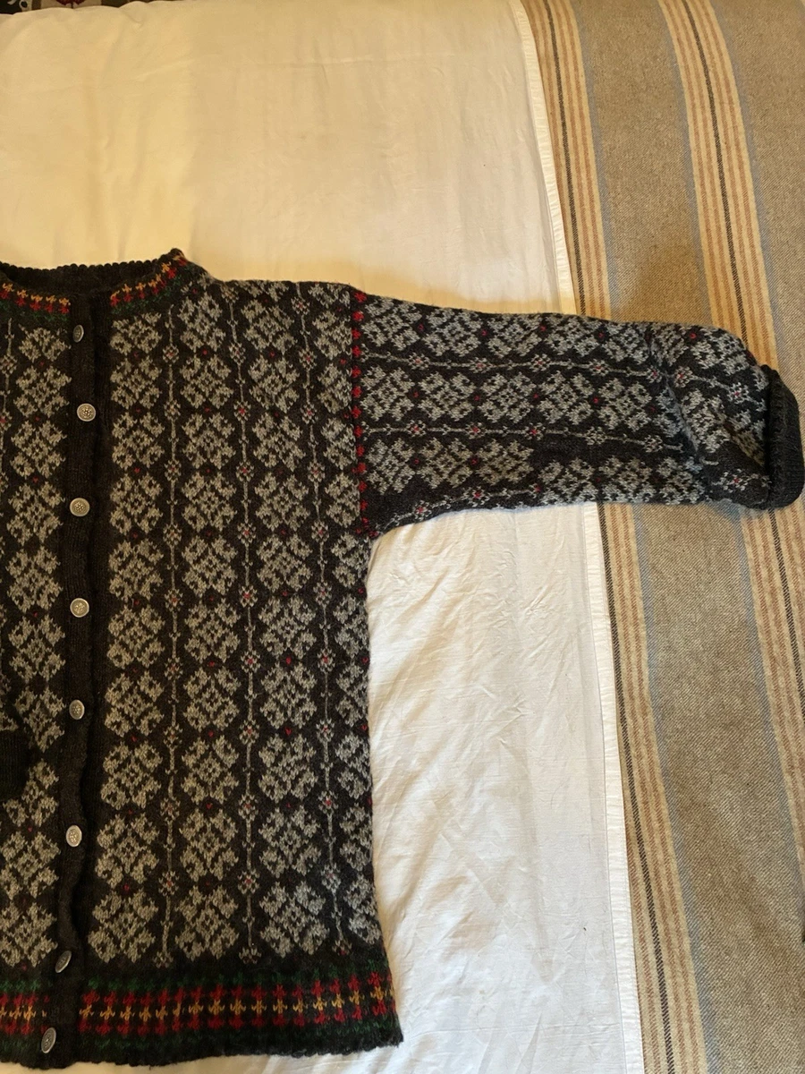 Cárdigan de lana pura tejido a mano vintage gris/marrón de mayor peso para hombre talla XL