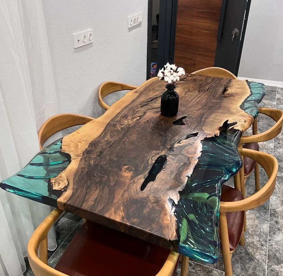 Live Edge Walnut Epoxy River Dining Table, tropical water Resin wood table top - Image 3 of 4