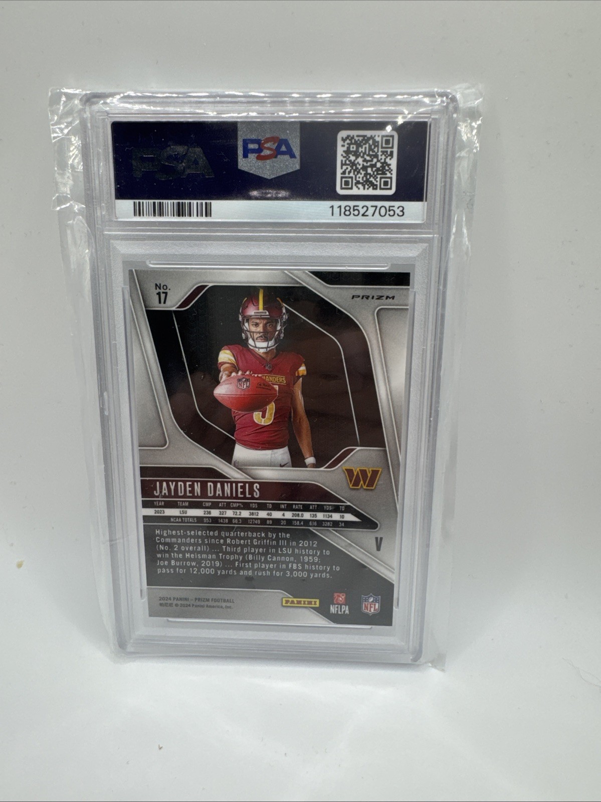 2024 Panini Prizm Jayden Daniels Rookie Variations Silver Prizm #17 PSA 9 RC view 2