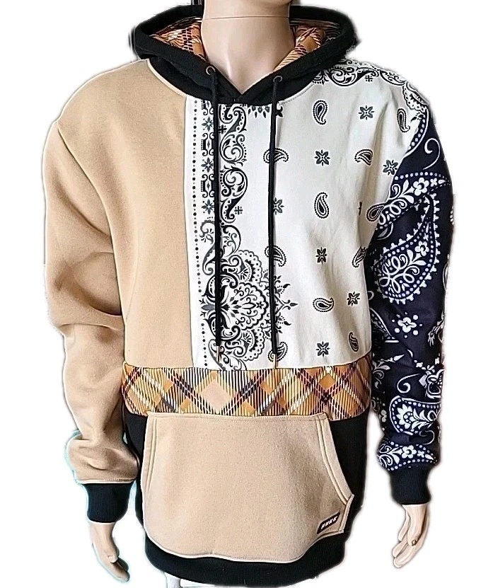 HUGE Hoodie Mens 2XL Beige Patchwork Bandana Paisley Plaid Thermal Streetwear
