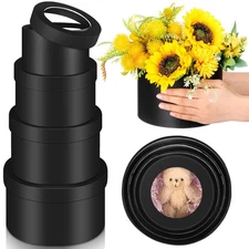 Set of 4 Black Round Flower Boxes, Clear Lids, 4 Assorted Sizes, Nesting