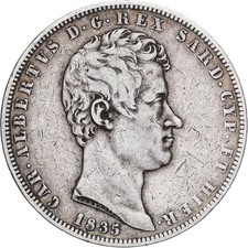 États italiens, SARDINIA, Charles-Albert, 5 Lire, 1835, Genoa, Argent, TB