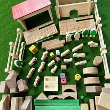 Vintage Handcrafted WoodenPlay Farm Children PlaySet Animals Trees Blocks 81 pcs