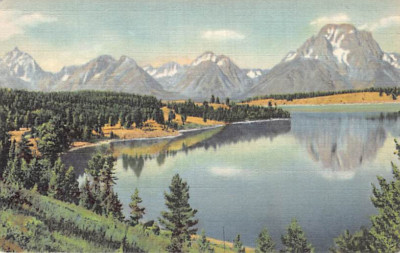Postcard WY: Teton Range from Jackson Lake, Grand Teton NP, Wyoming, Linen
