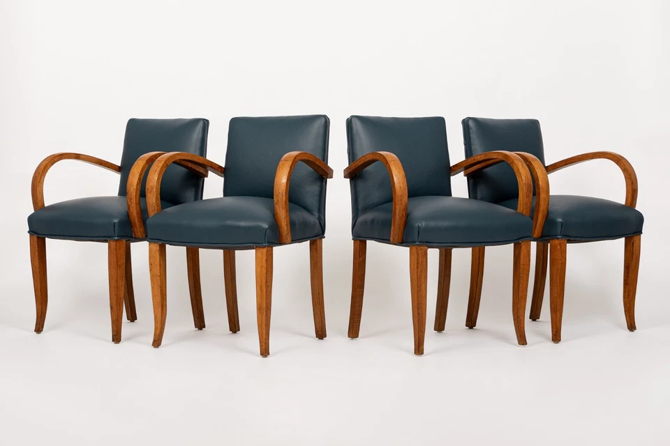 Sillas de comedor antiguas Art Deco de madera curvada de arce y cuero azul años 30 Foto 4 de 4