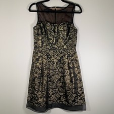 Donna Ricco Dress Women’s 4 Black Metalic Gold Mesh High Neck Fit + Flare Dress