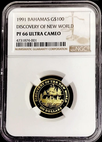 1991 GOLD BAHAMAS 500 MINTED $100 DISCOVERY OF NEW WORLD COIN NGC PF 66 UC