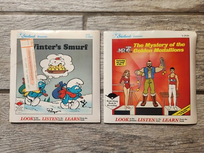 Lot of 2 LOOK, LISTEN & LEARN Starland Read-Along Vinyl Records, SMURFS, MR. T