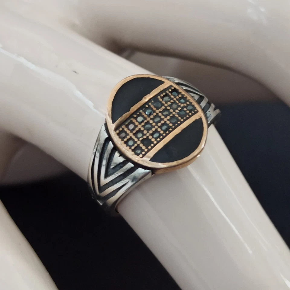 Мужское кольцо 11,75 ар-деко возрождение серебро бронза черная эмаль геометрический ретро винтажный - Изображение 3 из 4