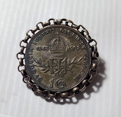 Austria Franz Joseph I Silver 1908 1 Corona Pin Brooch
