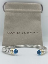 David  Sterling Silver 7mm Blue Topaz And 14K Gold Cable Cuff Bracelet