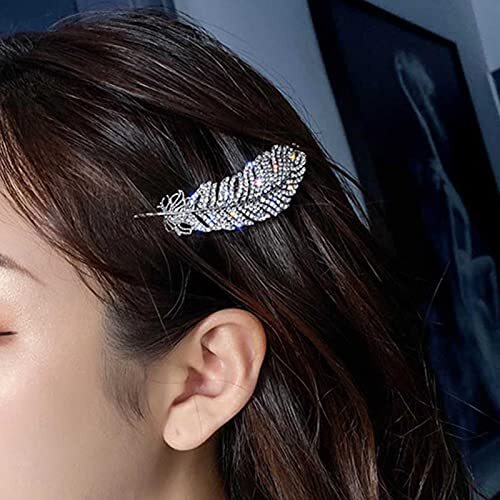 Crystal Feather Hair Clip Barrette Sparkling Rhinestone Feather Hairpin Silver - Bild 4 von 7