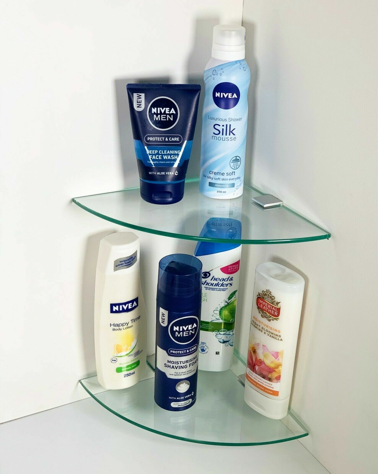 2 Tier Clear Glass Corner Shelf Wall Mount Bathroom Corner Tidy Shelves