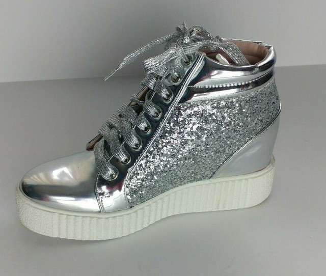 Women sneakers lace up wedge heels silver glitter side zip 6 8 eBay