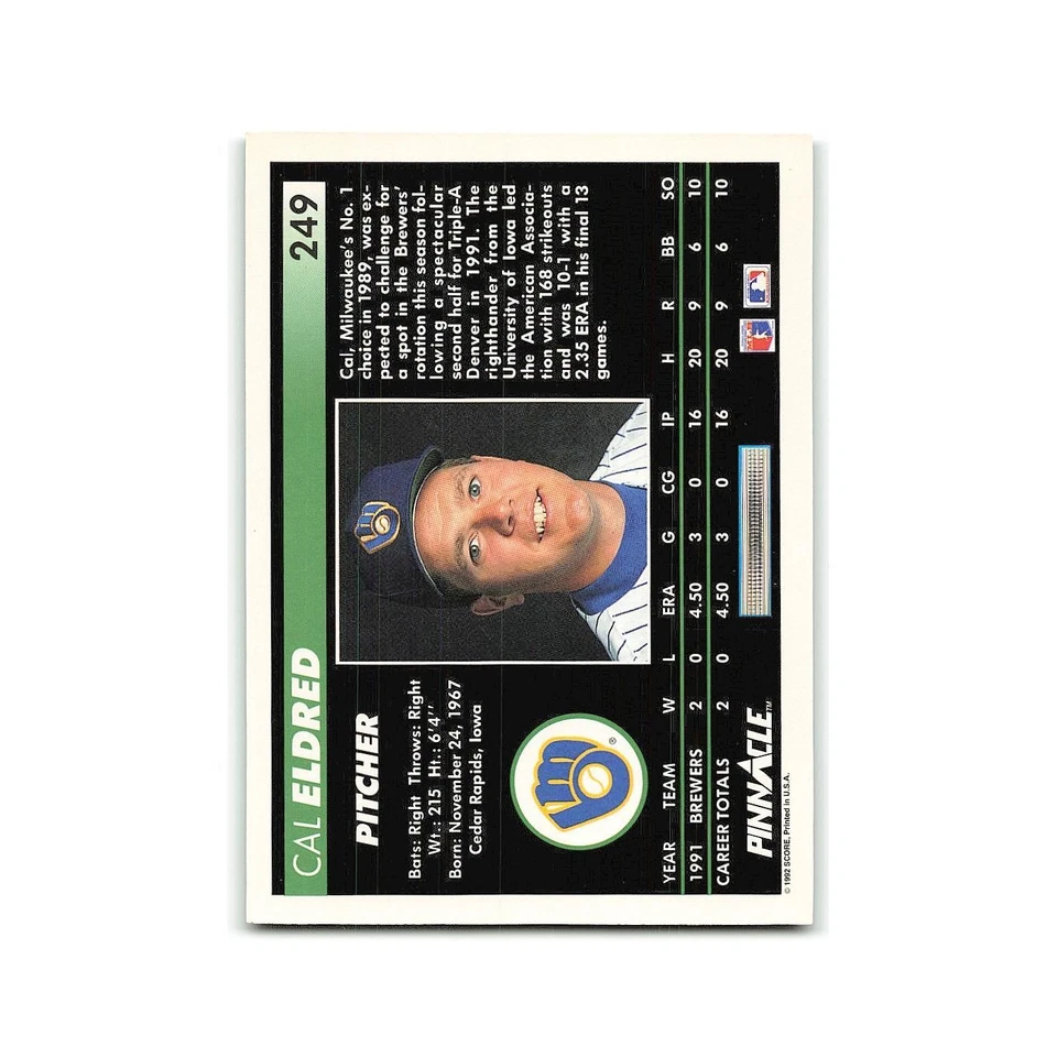 Cal Eldred Rookie 1992 Pinnacle #249 Milwaukee Brewers Baseball Card NM - Image 2 of 3