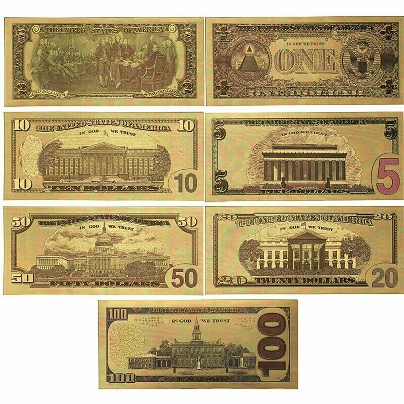 7PCS USD 1/2/5/10/20/50/100 Gold Dollar Bill Full Set Gold Banknote Colorful