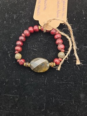 Vintage Hand Made Bracelet Indian Ashram Rose Wood, Jasper, 6'' Wrist 