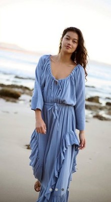 Free People Shore Chic Maxi Dress Size Small FREE-EST Summer Blue Ruffle