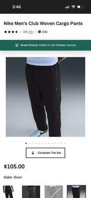 Nike Sportswear Club Woven Black Cargo Pants Loose Fit Straight Leg Men s Med 