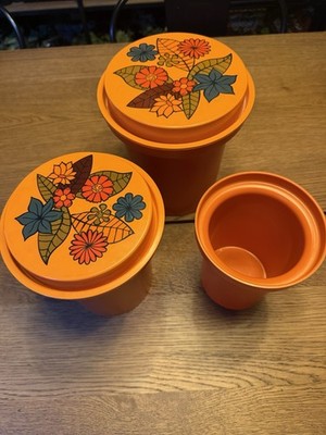 Vintage Rubbermaid Nesting Canisters Set of 2 & Utensil Holder Orange Flower 70s