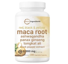 Maca Root 5000mg Red, Yellow, & Black Maca + Ashwagandha, Panax Ginseng 240 Caps