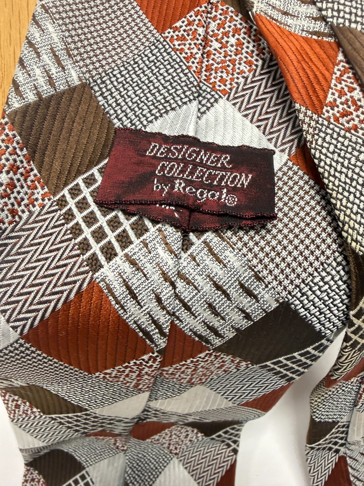 Geometric Patchwork Brown Rust Gray Wide Necktie … - image 4