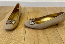 Prada Linen Tweed Beige Jeweled Kitten Heels Italian Lux Sz 40.5 IT / 10.5 US