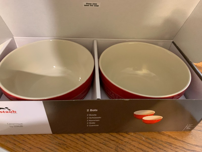 STAUB 2 BOWLS CHERRY RED W/PAPERWORK IN BOX (NIB)