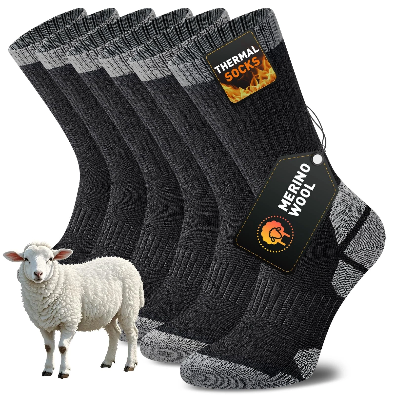 Niorasen Thermal Merino Wool Walking Socks for Men Women, 9-12, Black