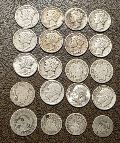 Lot of 17 90% Silver Dimes 3 Half Dimes Barbers Capped Bust Seated Mercury Rosev