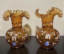 Two Vtg Victorian-era Bohemian Hand Enameled Glass Vases Ruffled Rim Thumbprint