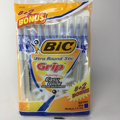 Bic Ultra Round Stic Grip Easy Glide Blue Medium Ball Pens Bonus Pack of 10 NOS