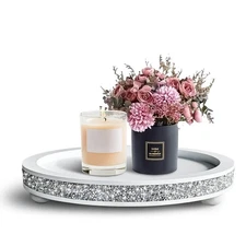 12 inch Round Wood Tray, Acrylic Diamond Decoration, Decorative Tray for Livi...