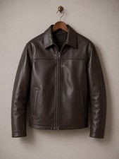 Men s Dark Brown Leather Jacket Classic Zip-Up Biker Style Casual Outerwear