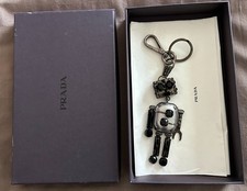 Rare Prada Robot Key Ring/Bag Charm, Silver Saffiano Accented with Black Stones