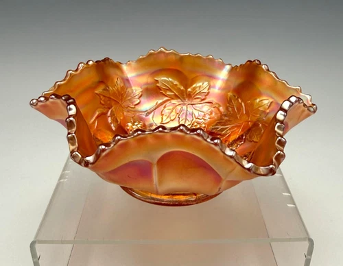 Vintage Fenton Carnival Glass Berry Bowl Grapes and Leaves Marigold 5 1/2"