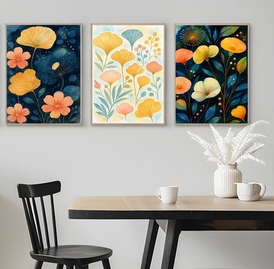 3er Set Abstraktes Blumen Aquarell mit Senf Poster Home Wandbild A3 A4 A5