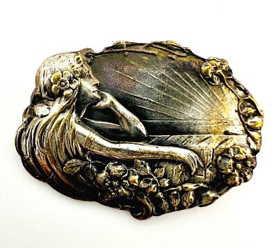 Antike Jugendstil-Brosche mit Frauenmotiv Blüten Antique Art Nouveau brooch
